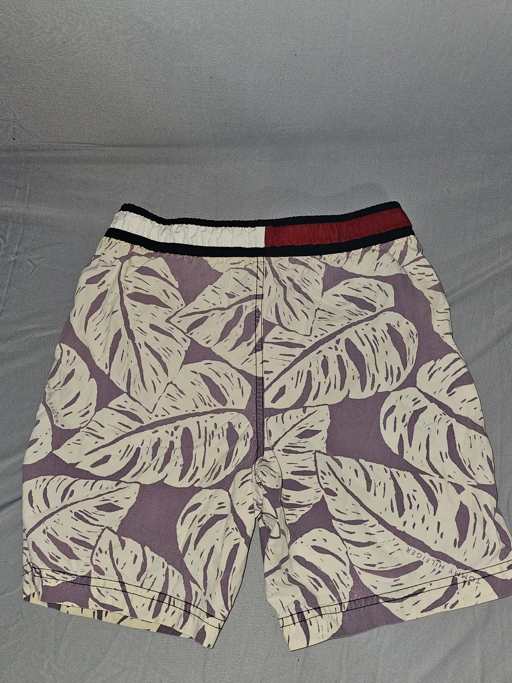 Tommy Hilfiger Purple Leaf-Print Kids Swim Trunks with Cream Pattern